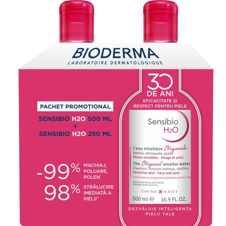 Pachet Solutie micelara Sensibio H2O, 500 ml + 250 ml, Bioderma