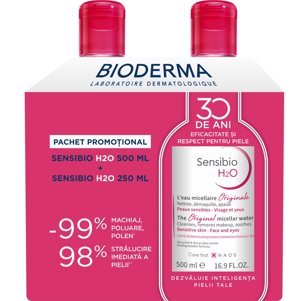 Pachet Solutie micelara Sensibio H2O, 500 ml + 250 ml, Bioderma