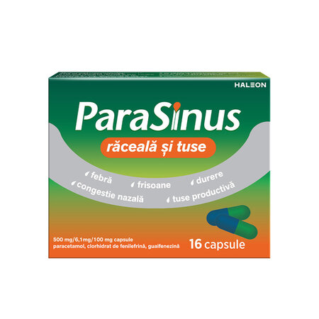 Parasinus raceala si tuse, 500 mg/6,1 mg/100 mg, 16 capsule, Haleon