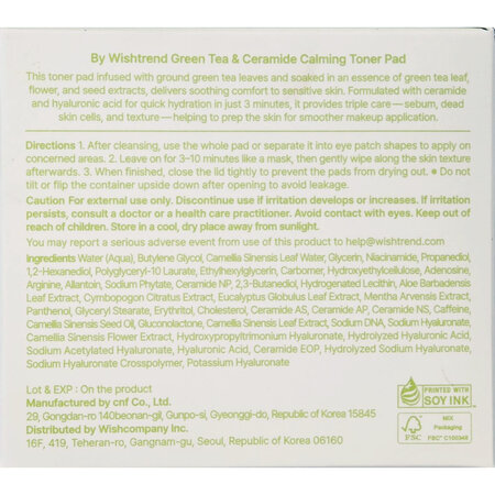 Dischete tonice, Green Tea and Ceramide Calming Toner Pad, 70 bucati, By Wishtrend 753715