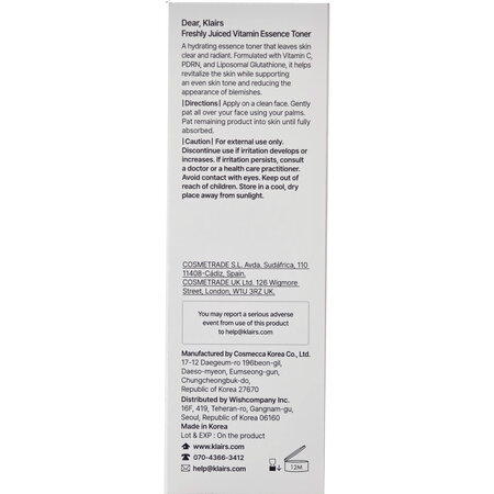 Toner de fata, Freshly Juiced Vitamin Essence Toner, 180 ml, Klairs 754014