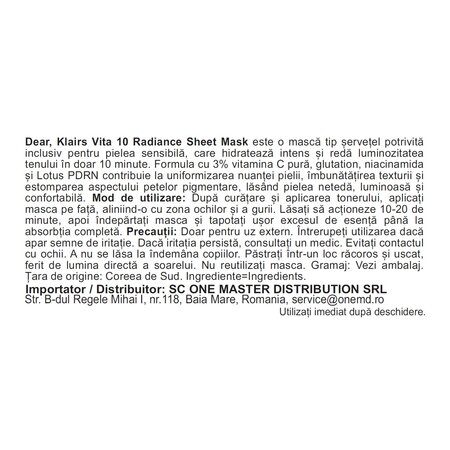 Mască tip șervețel, Vita 10 Radiance Sheet Mask, 25 ml, Klairs 754074