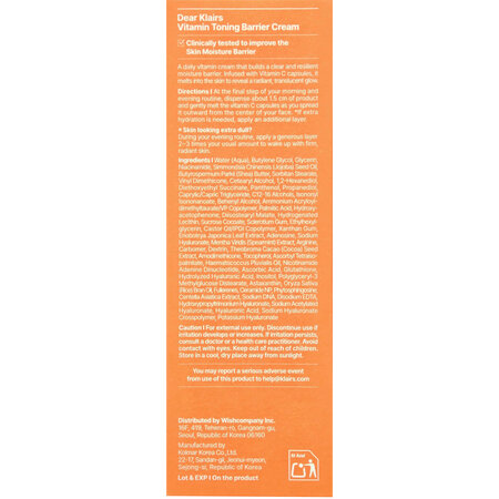 Crema de fata hidratanta, Vita B+C Vitamin Toning Barrier Cream, 60 g, Klairs 754105