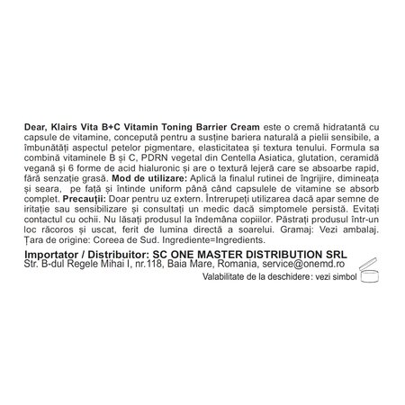 Crema de fata hidratanta, Vita B+C Vitamin Toning Barrier Cream, 60 g, Klairs 754107