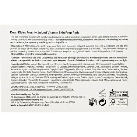 Dischete tonice, Freshly Juiced Vitamin Skin Prep Pads, 80 bucati, Klairs 754221