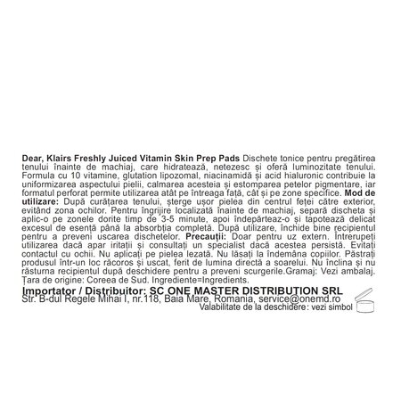 Dischete tonice, Freshly Juiced Vitamin Skin Prep Pads, 80 bucati, Klairs 754222