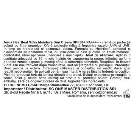 Crema de fata cu SPF50+ PA++++, Heartleaf Silky Moisture Sun Cream, 50 ml, Anua 754281