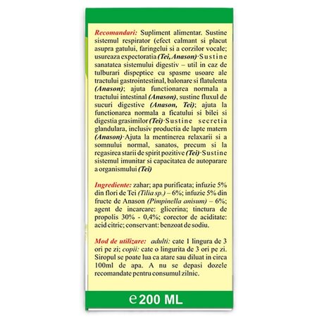 Sirop din flori de tei, anason si propolis, 100 ml, Elidor 754608