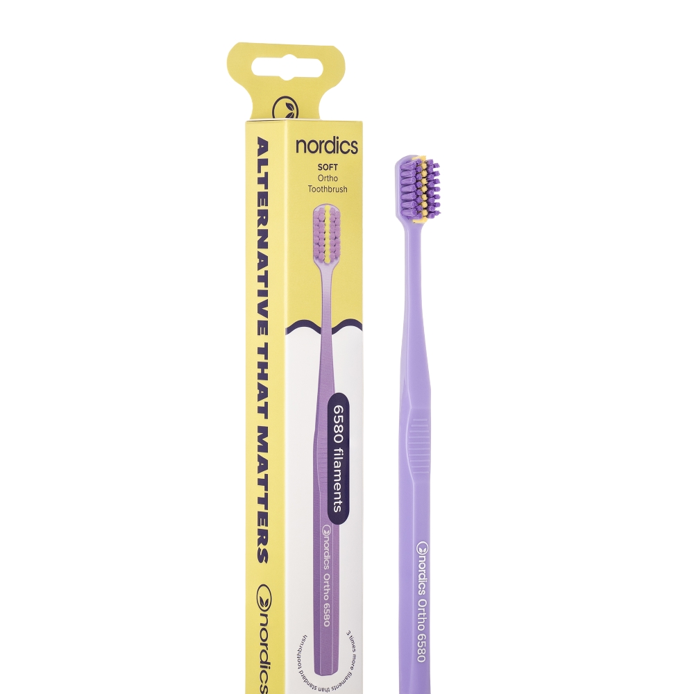 Periuta de dinti pentru aparat dentar si retainere Premium Ortho 6580 Soft, culoare mov, 1 bucata, Nordics