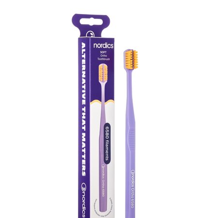 Periuta de dinti pentru aparat dentar si retainere Premium Ortho 6580 Soft, culoare mov-portocaliu, 1 bucata, Nordics