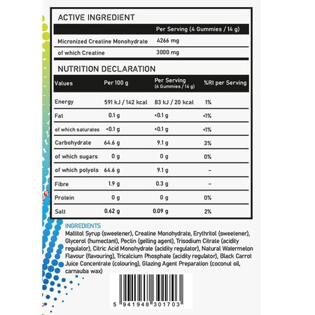 Jeleuri cu creatina cu aroma de pepene verde Creatine Gummies, 60 bucati, Pharma Grade 754784