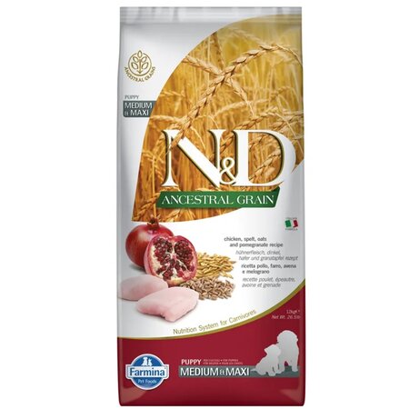 Hrana uscata cu pui si rodie N&D Ancestral Grain Puppy Medium, 12 Kg, Farmina