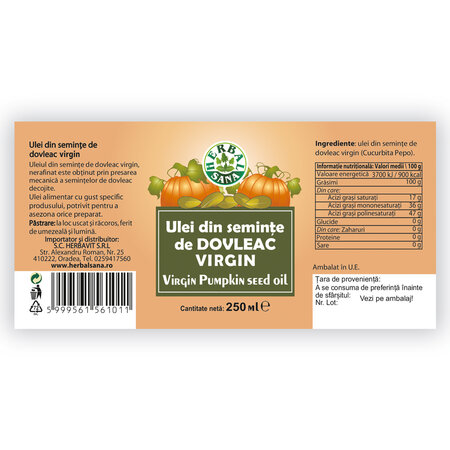 Ulei din seminte de dovleac virgin, 250 ml, Herbavit 756523