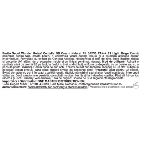 Crema BB cu niacinamida, centalla asiatica si SPF 30 Nuanta 21 Light Beige Wonder Releaf Natural Fit, 30 ml, Purito 757013
