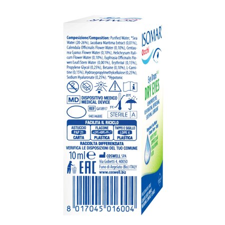 Picaturi cu apa de mare hipotonica si acid hialuronic pentru ochi uscati Isomar, 10 ml, Euritalia 758408