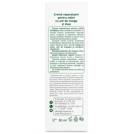 Crema reparatoare pentru maini cu unt de mango si shea, 75 ml, Vivanatura 710190