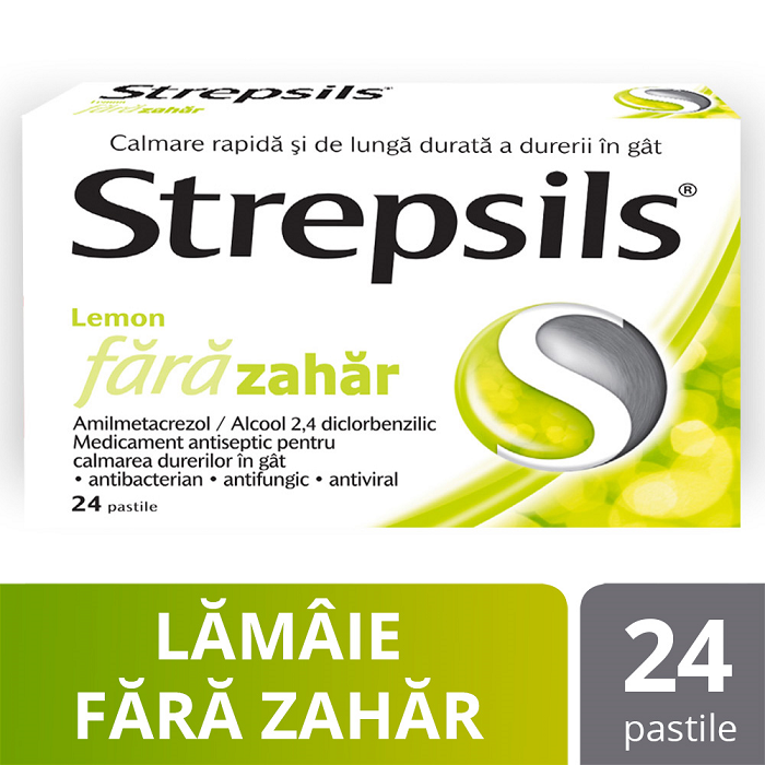 Strepsils Lemon fara zahar, 24 pastile, Reckitt Benckiser