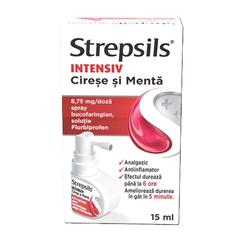 Strepsils Intensiv cirese si menta, spray bucofaringian, soluție, 8,75 mg/doză, 15 ml, Reckitt Benckiser Healthcare