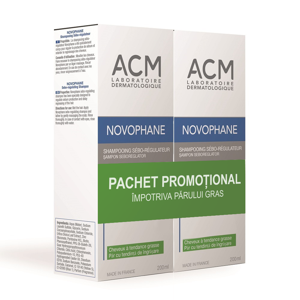 Pachet Sampon seboreglator Novophane, 200 ml + 200 ml, Acm