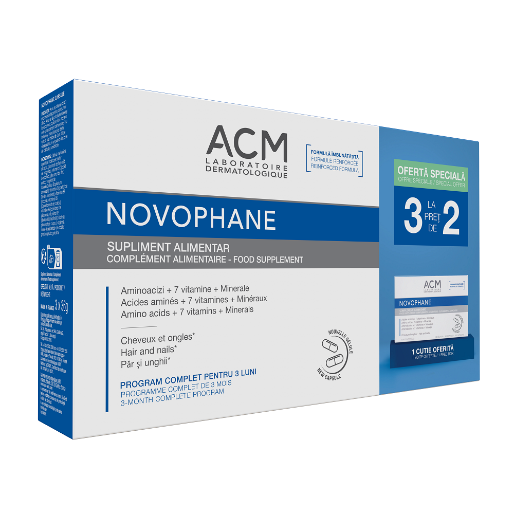 Pachet capsule pentru par si unghii Novophane, 3 x 60 capsule, Acm