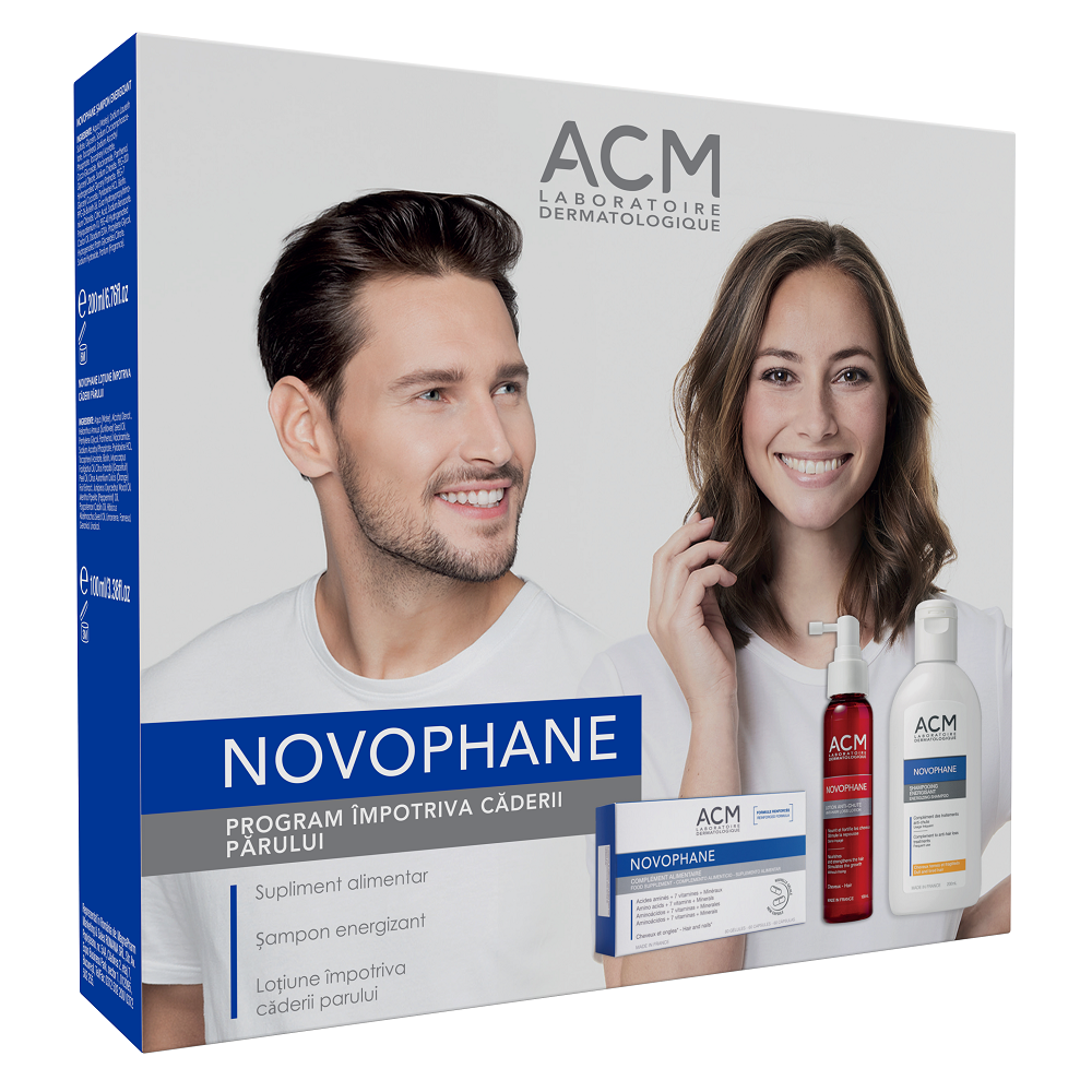 Pachet Novophane Sampon energizant, 200 ml + Lotiune impotriva caderii parului, 100 ml + Capsule pentru par si unghii, 60 capsule, Acm