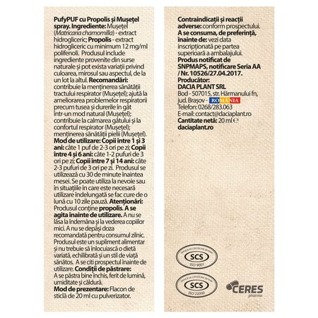 Spray cu propolis si musetel PufyPUF, 20 ml, Dacia Plant 739054