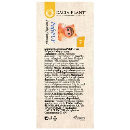 Spray cu propolis si musetel PufyPUF, 20 ml, Dacia Plant 739055