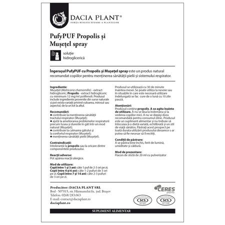 Spray cu propolis si musetel PufyPUF, 20 ml, Dacia Plant 739056