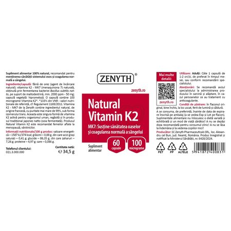 Pachet Natural Vitamina K2, 60 capsule + 60 capsule, Zenyth 703163