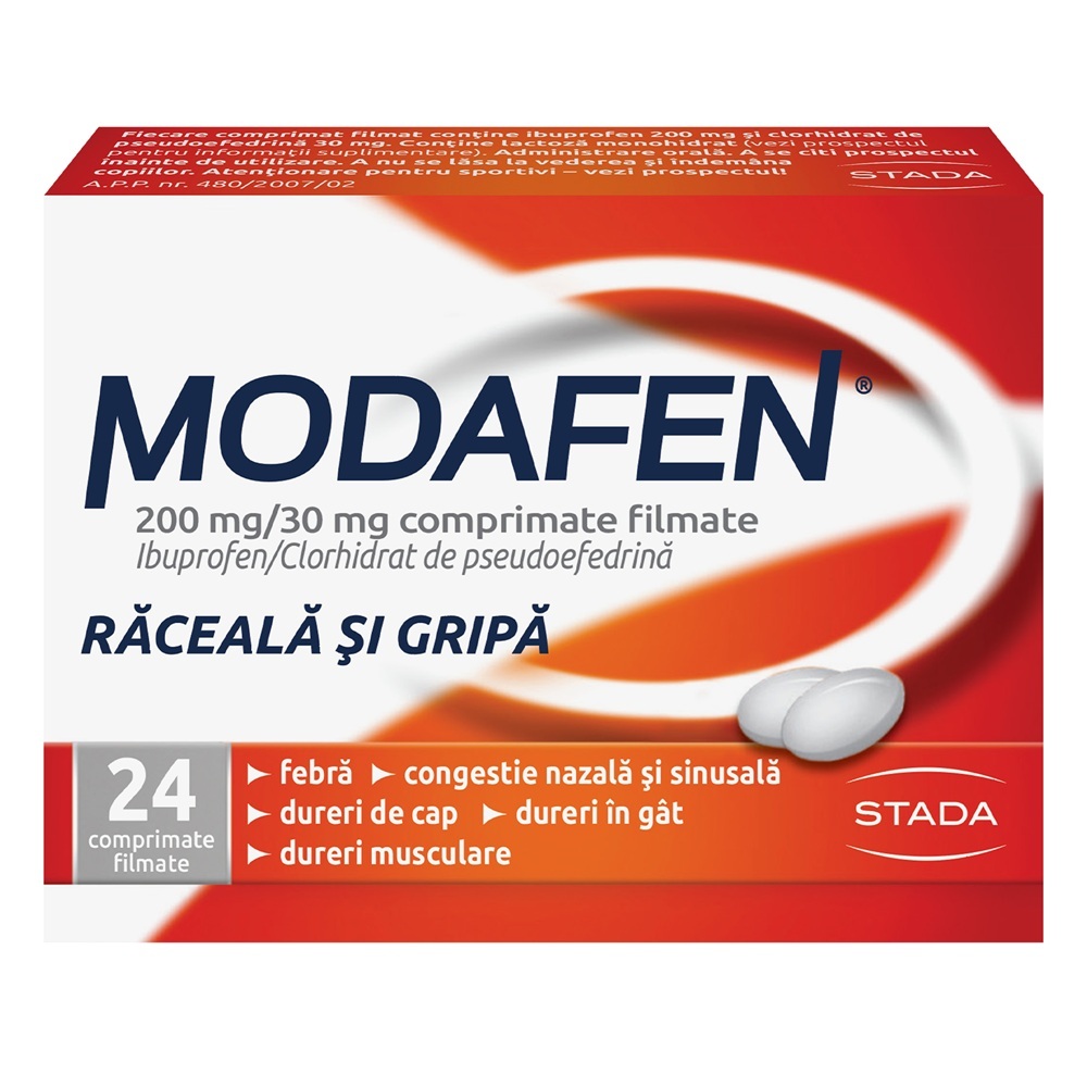 Modafen raceala si gripa, 200 mg/ 30 mg, 24 comprimate filmate, Stada