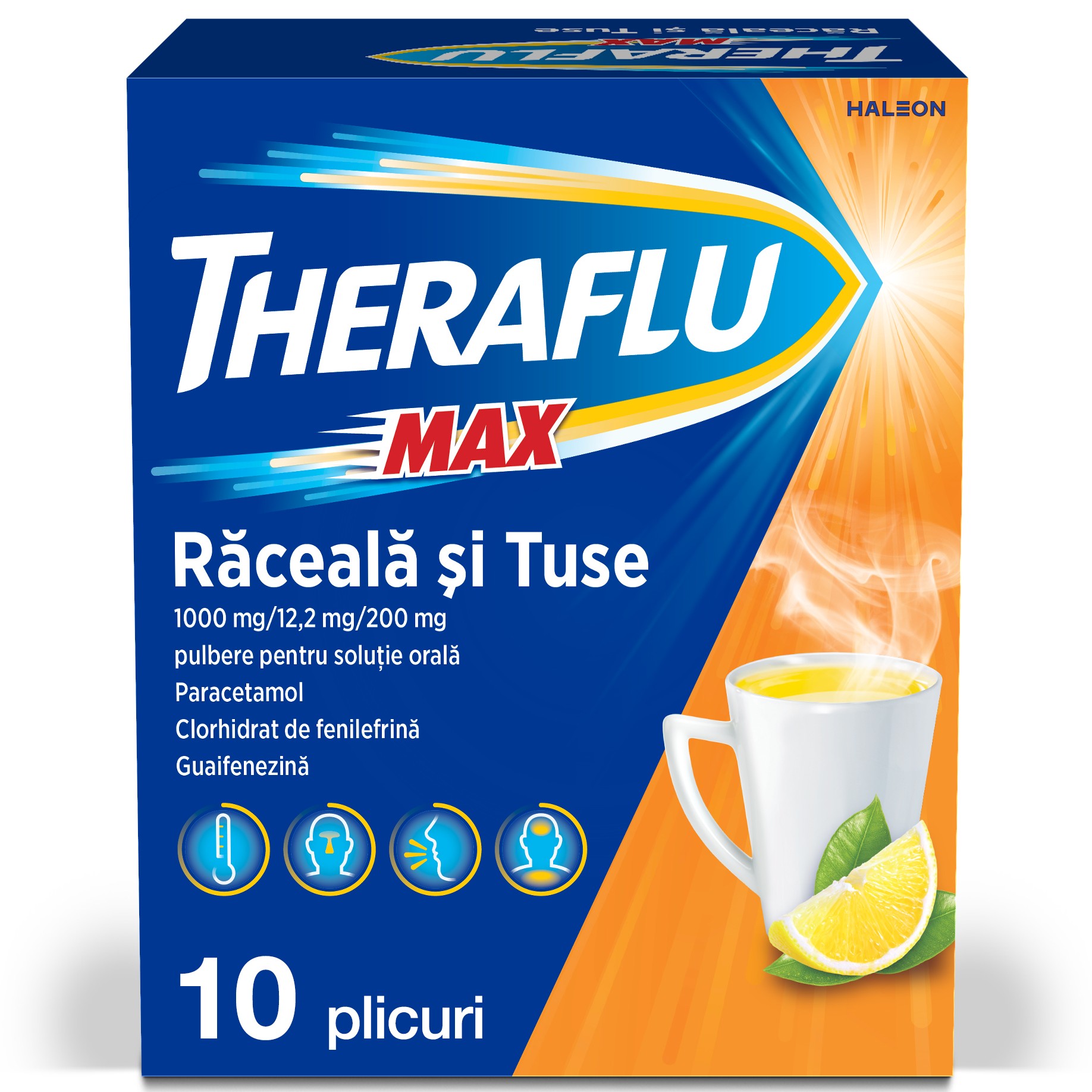 Theraflu Max raceala si tuse, 1000 mg/12,2 mg/200 mg, 10 plicuri, Haleon