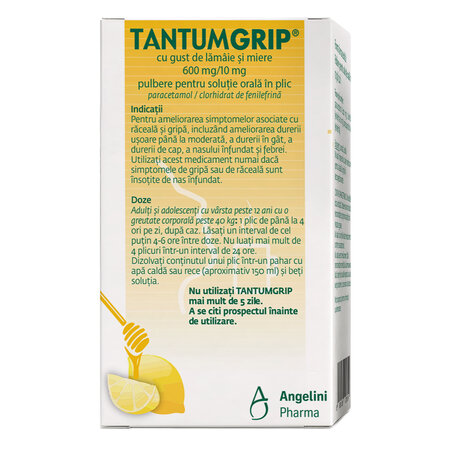 TantumGrip cu gust de lamaie si miere, 600 mg/10 mg, 10 plicuri, Angelini 719806