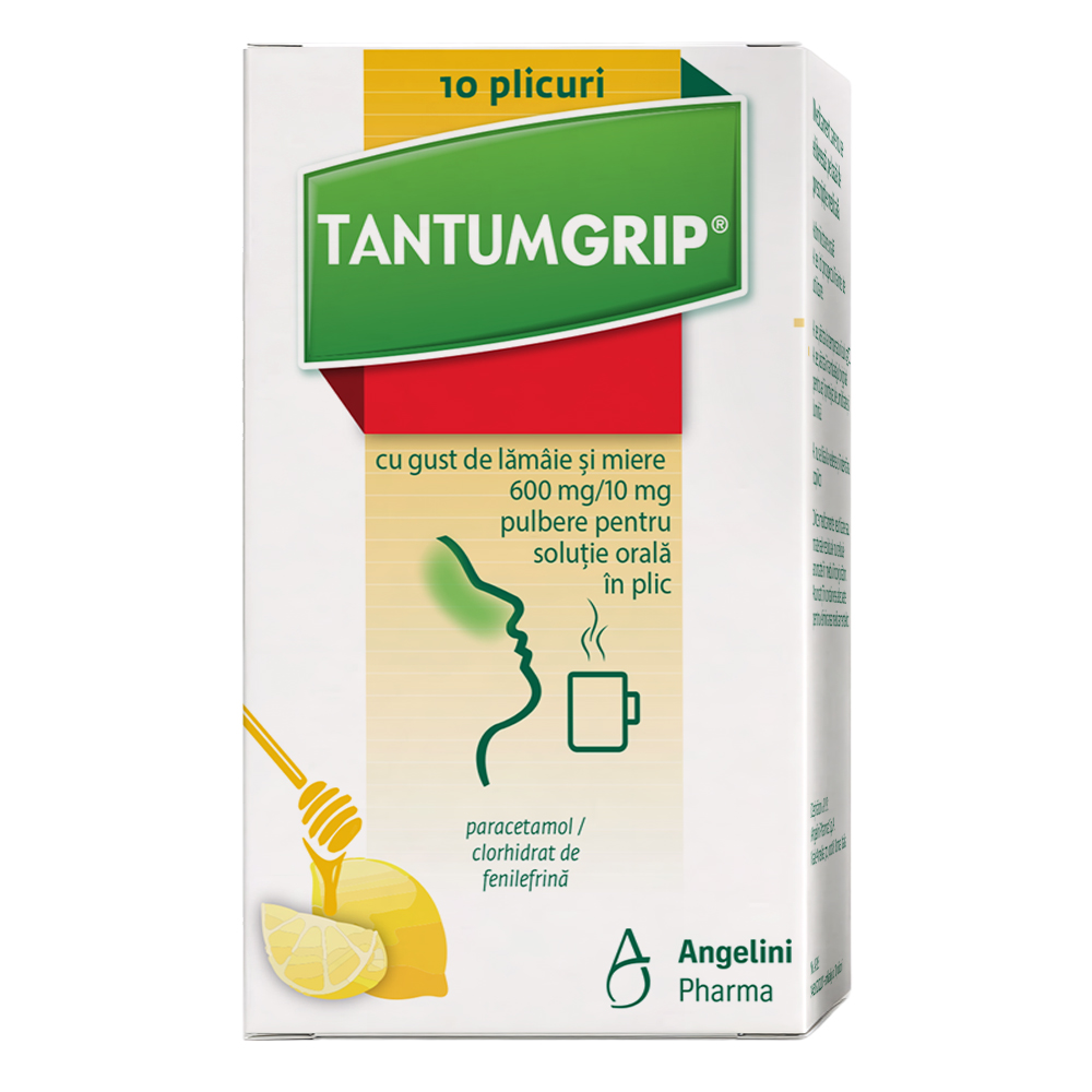 TantumGrip cu gust de lamaie si miere, 600 mg/10 mg, 10 plicuri, Angelini