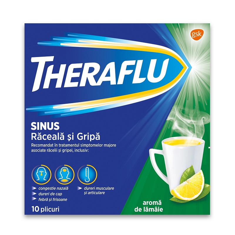 Theraflu Sinus raceala si gripa, 650mg/10mg, 10 plicuri, Gsk