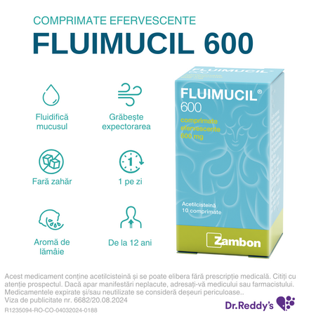 Fluimucil, 600 mg, 10 comprimate efervescente, Dr. Reddys 624086
