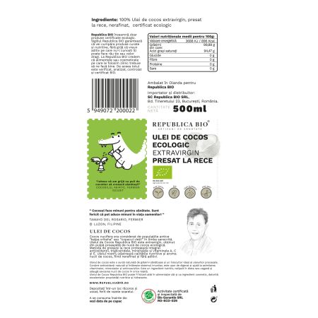 Ulei de cocos Bio extravirgin, presat la rece, 500 ml, Republica Bio 701921