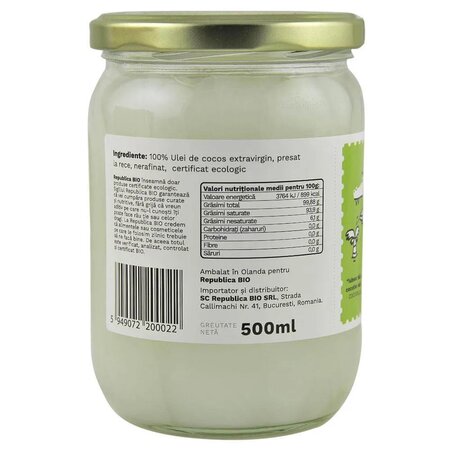 Ulei de cocos Bio extravirgin, presat la rece, 500 ml, Republica Bio 610161