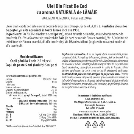 Ulei din ficat de cod cu aroma naturala de lamaie, 240 ml, Lysi 703453