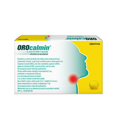 Orocalmin cu aroma de lamaie, 3 mg, 20 pastile, Zentiva 617411