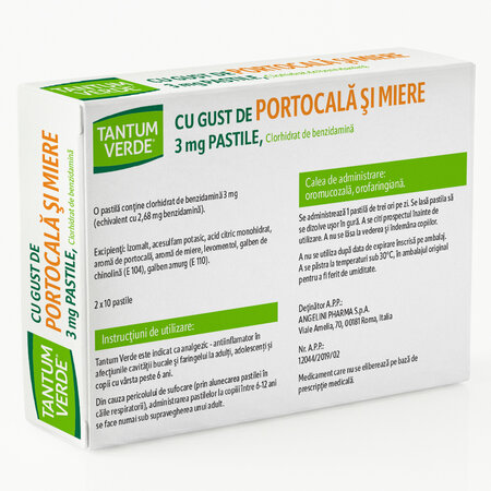 Tantum Verde cu gust de portocala si miere, 3 mg, 20 pastile, Angelini 719829