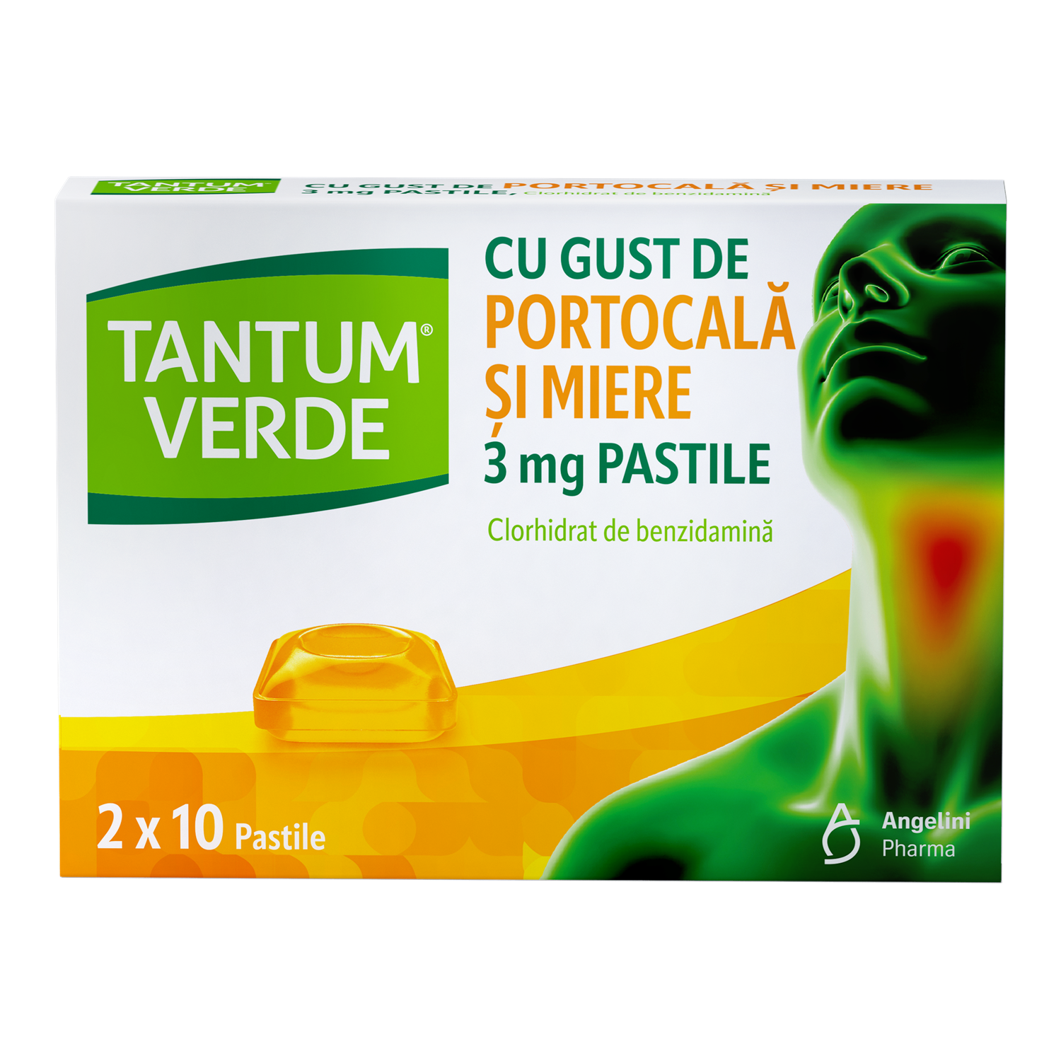 Tantum Verde cu aroma de portocale si miere, 3 mg, 20 pastile, Angelini