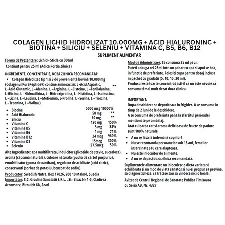 Colagen lichid hidrolizat tip 1 si 3, 10000 mg, 500 ml, Swedish Nutra 744765