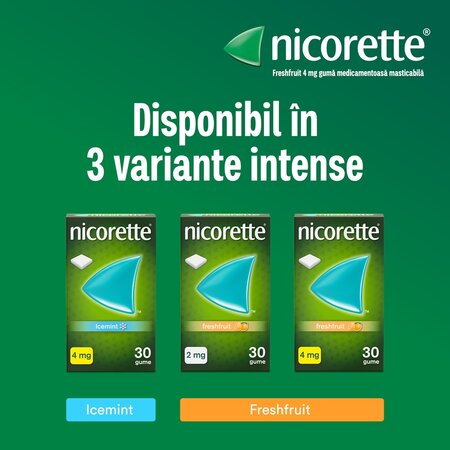 Guma medicamentoasa cu nicotina si aroma de portocale, 4 mg, 30 bucati, Nicorette 723954