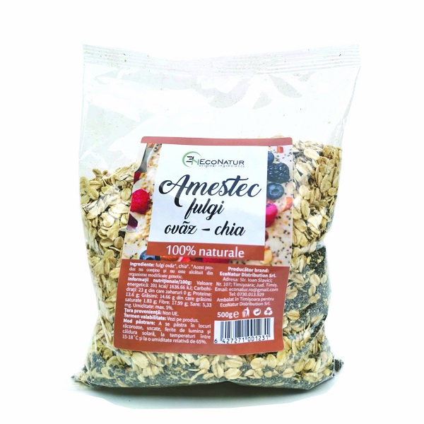 Amestec pentru mic dejun fulgi ovaz chia, 500 g , EcoNatur