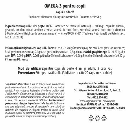 Ulei de peste Omega 3 pentru copii, 60 capsule masticabile, Lysi 703436
