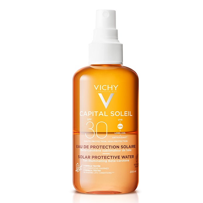 Apa de protectie solara SPF 30 cu beta-caroten pentru fata si corp Capital Soleil, 200 ml, Vichy