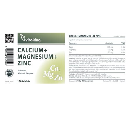 Calciu, magneziu si zinc, 100 comprimate, Vitaking 705878