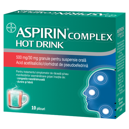 Aspirin Complex Hot Drink, 500mg/30mg, 10 plicuri, Bayer