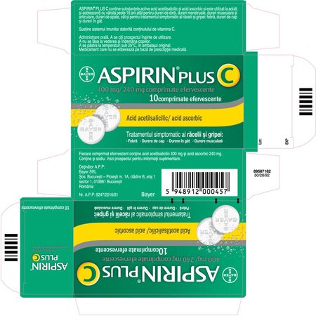Aspirin Plus C, 400 mg/240 mg, 10 comprimate efervescente, Bayer 700998