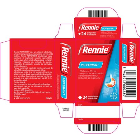 Rennie Peppermint, 24 comprimate masticabile, Bayer 701248